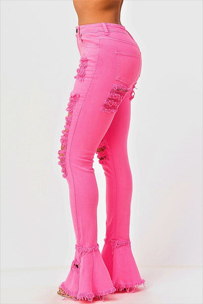 NEON PINK DISTRESSED JEANS