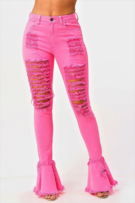 Neon Hot Pink Pants Distressed Stretch Skinny Jeans Y2K Punk Rave Barbie JR  7